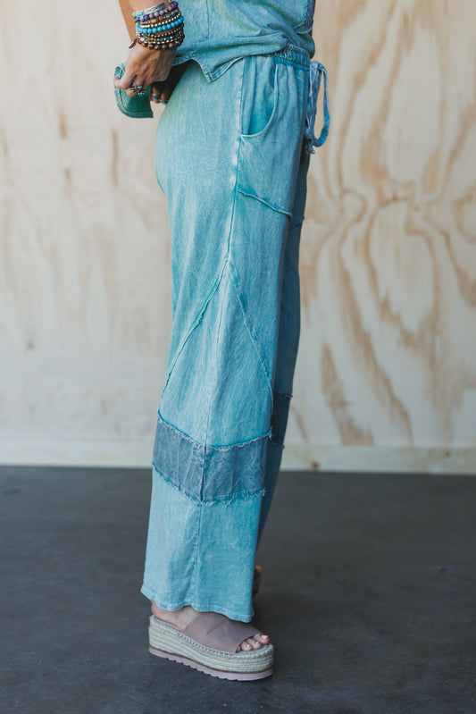 Skybound Soul Denim Patched Pants - Cyan