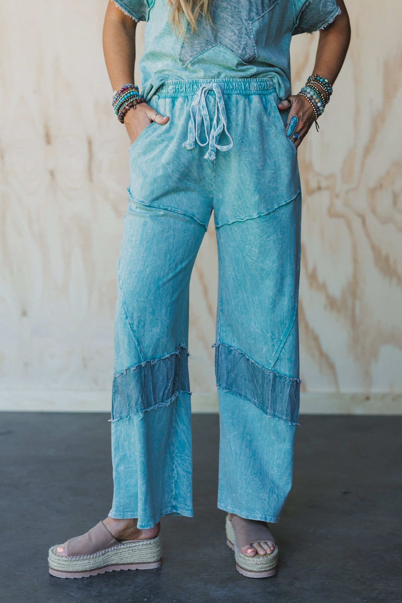 Skybound Soul Denim Patched Pants - Cyan
