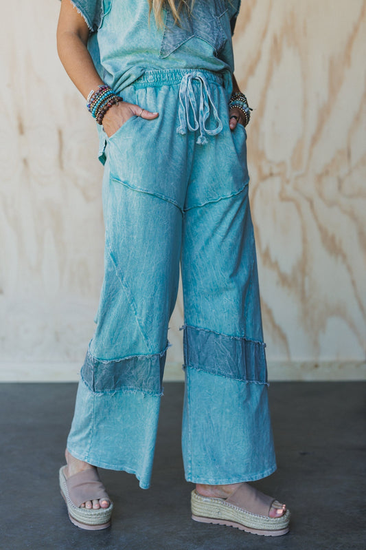 Skybound Soul Denim Patched Pants - Cyan
