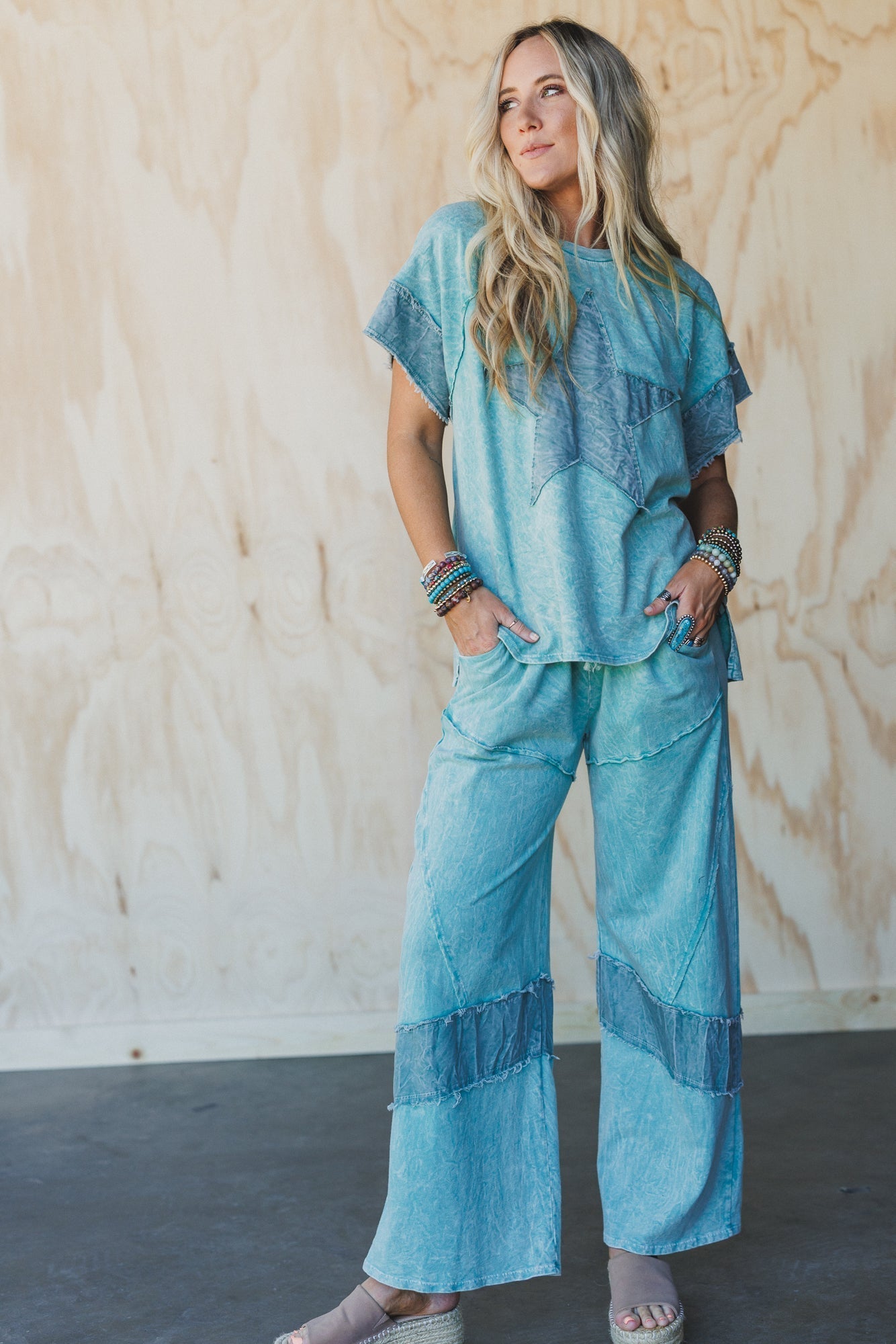 Skybound Soul Denim Patched Pants - Cyan