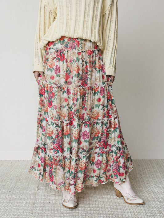 Floral Maiden Maxi Skirt - Cream Pink