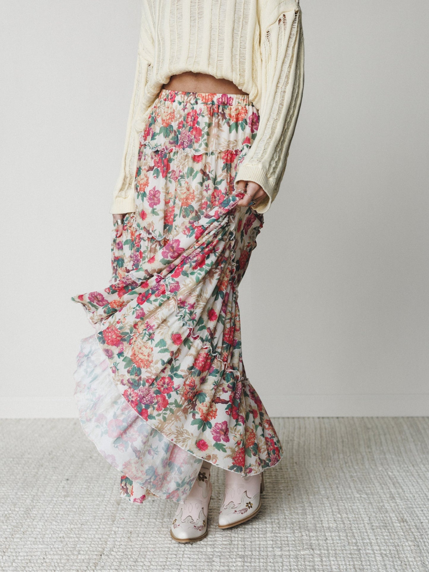 Floral Maiden Maxi Skirt - Cream Pink