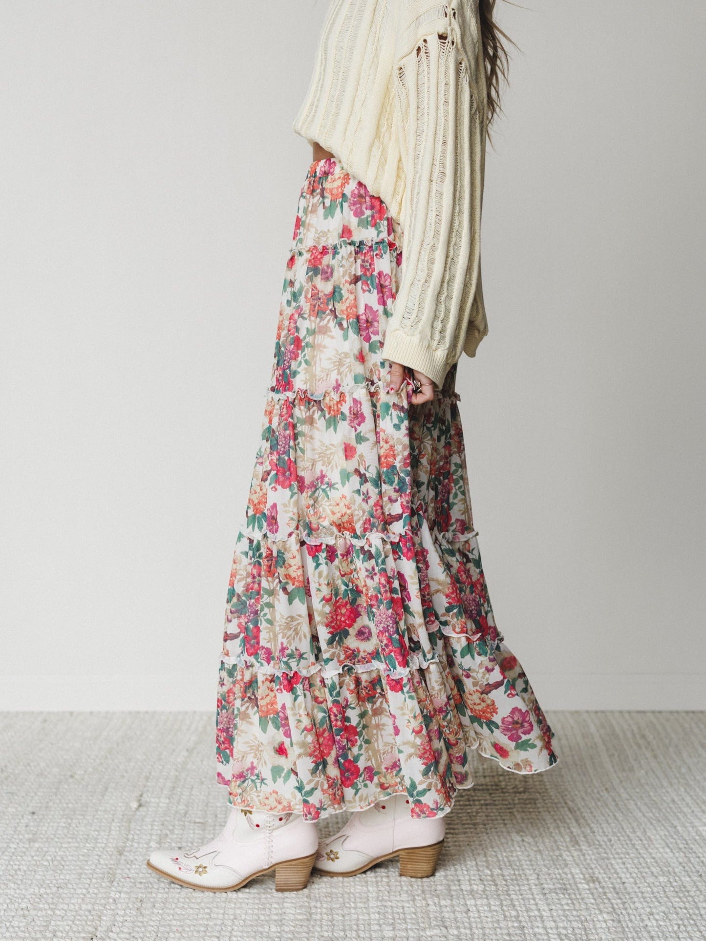 Floral Maiden Maxi Skirt - Cream Pink