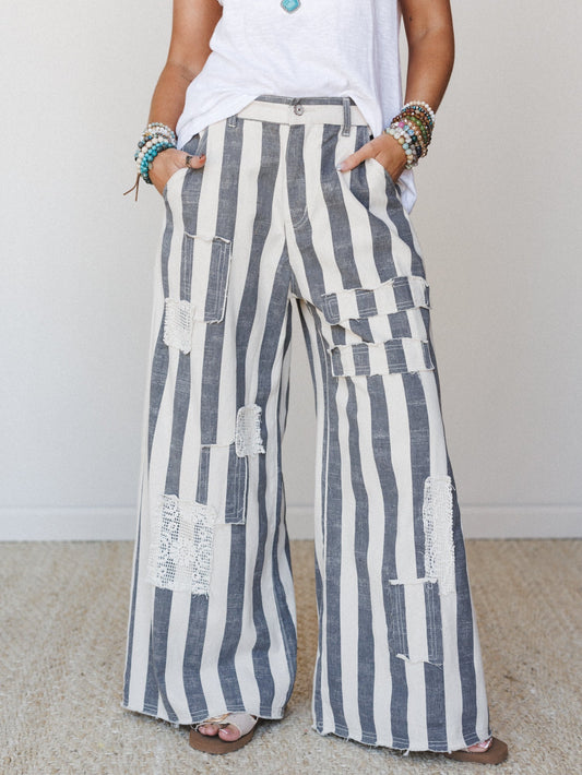 Fawnia Striped Wide Leg Pants - Charcoal Stripe